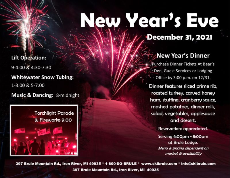 New Year's At Ski Brule. Skiing, Snowboarding, Tubing, Dinner, Fireworks, Torchlight Parade and Dancing.