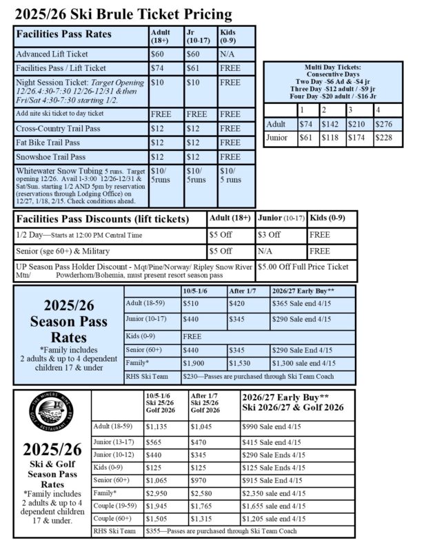 25.26 Ski Brule Lift Ticket Pricing